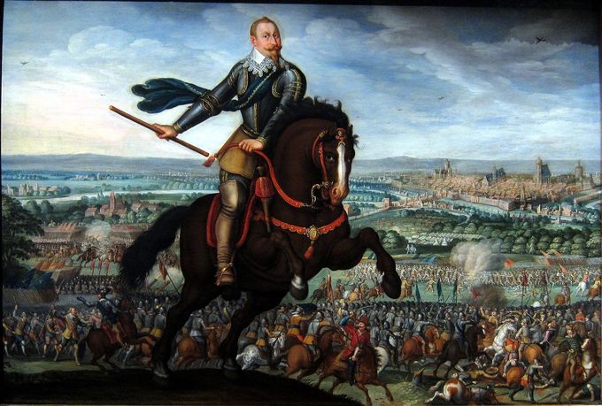 A painting of Gustav of Sweden riding a horse on a hill overlooking a battlefield and countryside.