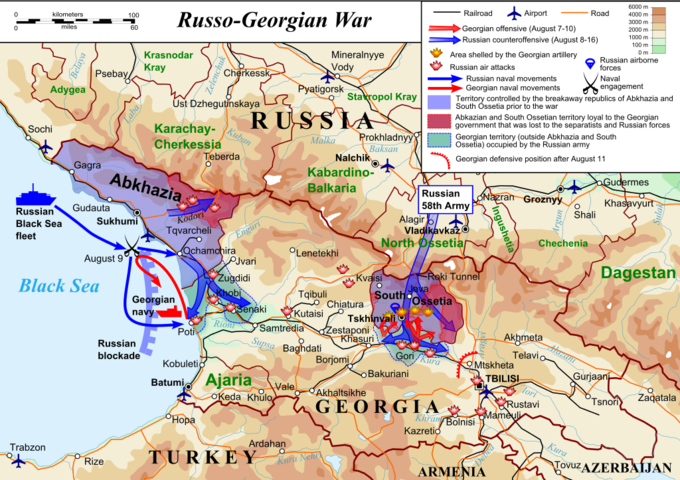 The map shows the Georgian offensive (August 7-10), the Russian counteroffensive (August 8-16), the area shelled by the Georgian artillery, Russian air attacks, Russian naval movements, Georgian naval movements, the territory controlled by the breakaway republics of Abkhazia and South Ossetia prior to the war, Georgian territory (outside Abkhazia and South Ossetia) occupied by the Russian army, and the Georgian defensive position after August 1.