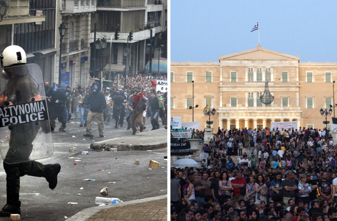 The photograph on the left shows a violent protest in 2010. The photograph on the right shows a peaceful protest in 2011.