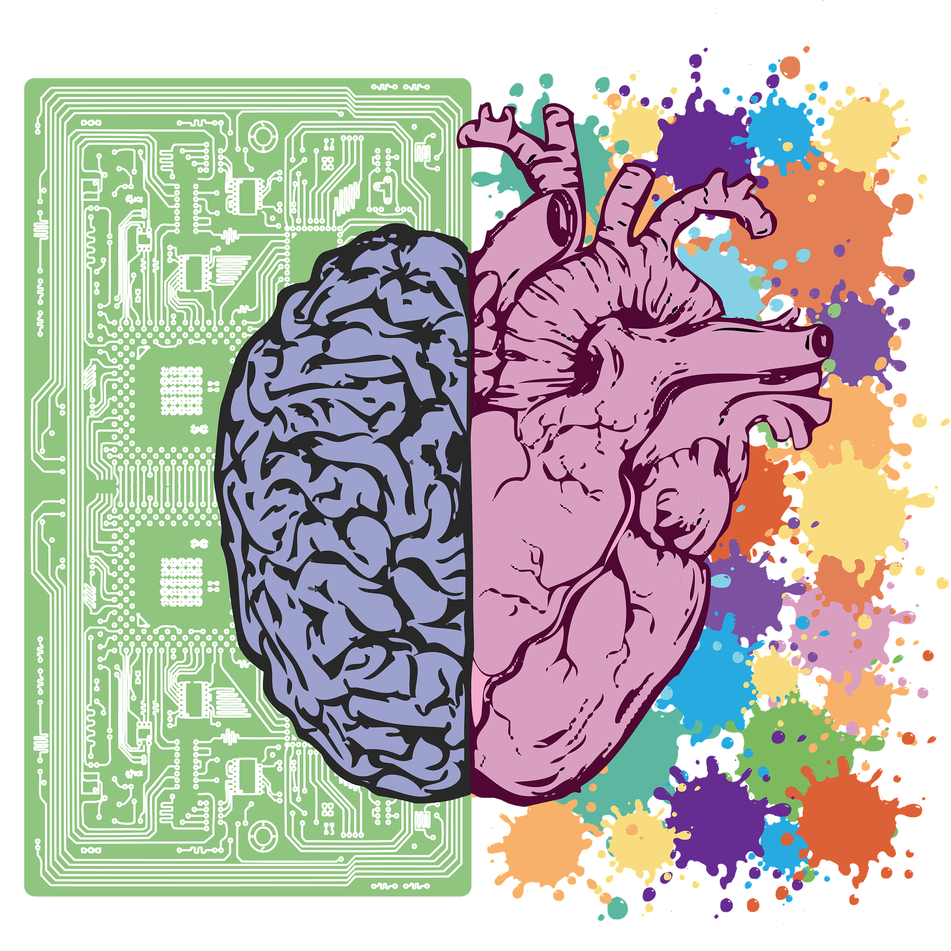Les hémisphères droit et gauche du cerveau avec chaque côté d'une couleur différente. Le côté gauche est dessiné sur le fond d'une puce informatique et le côté droit sur un fond de touches de différentes couleurs vives.