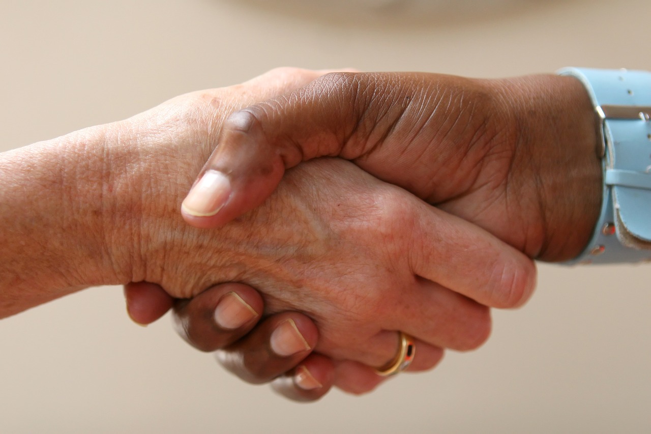 La mano de una persona mayor de piel clara sujeta una mano de piel oscura.