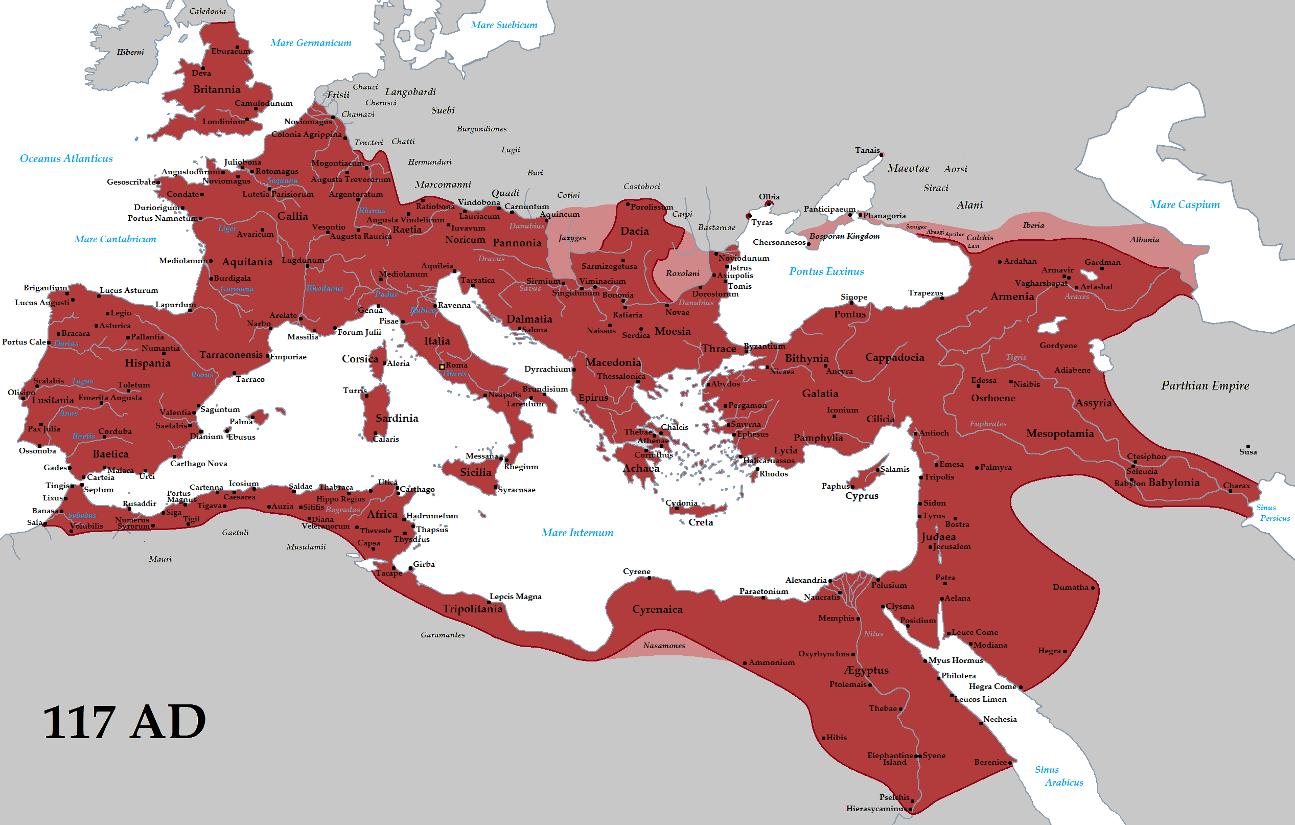 Mapa de Imperio Romano en 117 CE
