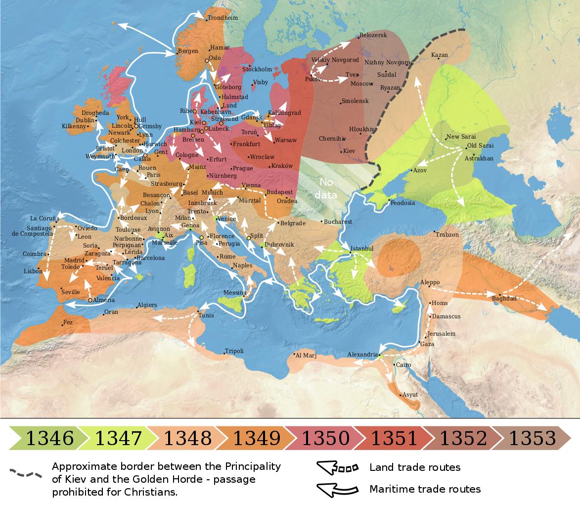 Map of the spread of bubonic plague in Europe