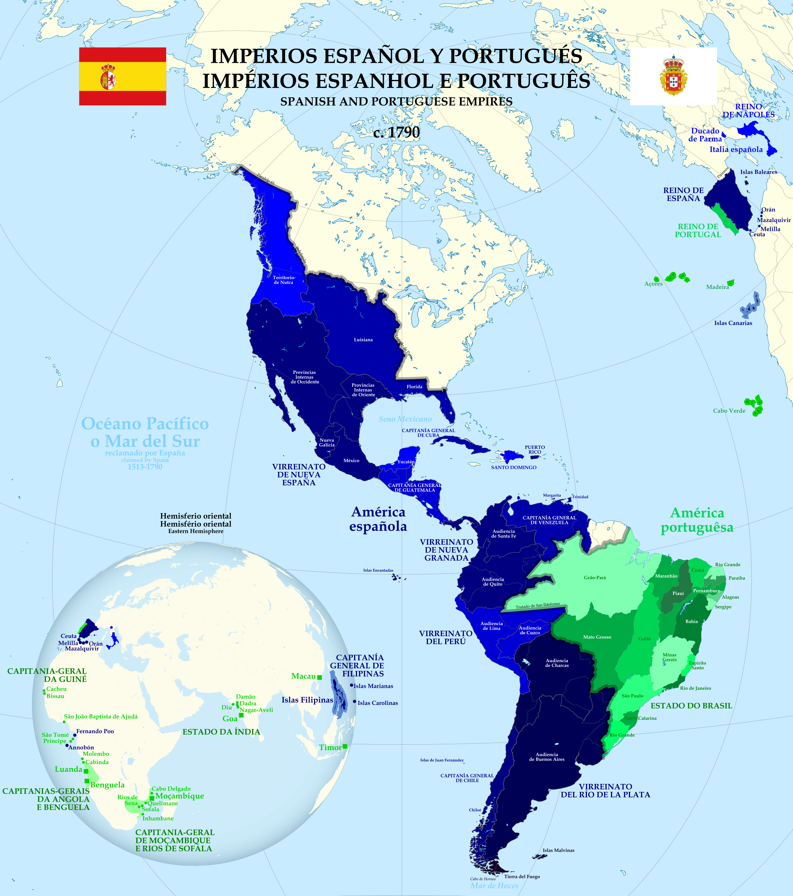 Imperios españoles y portugueses ca. 1790.