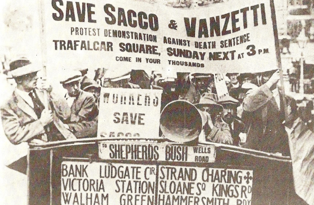 Postcard of a protest for Sacco and Vanzetti