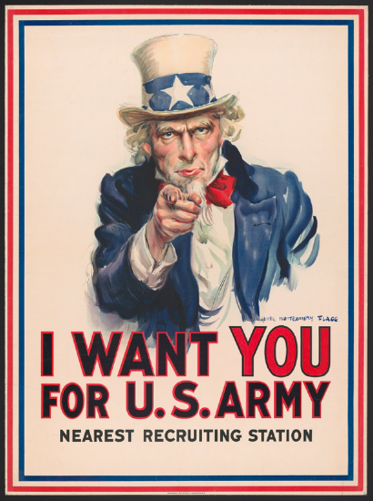 A caucasian man with white hair and beard points at the viewer.  He wears a red bowtie, a blue jacket, and a white top hat with a blue band featuring white stars. Below, we see the words "I WANT YOU FOR THE U.S. ARMY" and under them, in smaller letters, "Nearest recruiting center." The image is on a white background, framed by a red and blue border. 
