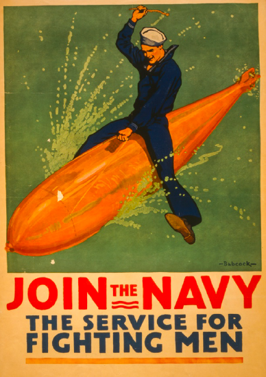 A man in blue uniform with a white sailor's cap sits astride a torpedo with his hand raised, holding a short red stick. The torpedo is half in water with spray rising from both sides. The caption reads "Join the Navy: the service for fighting men."