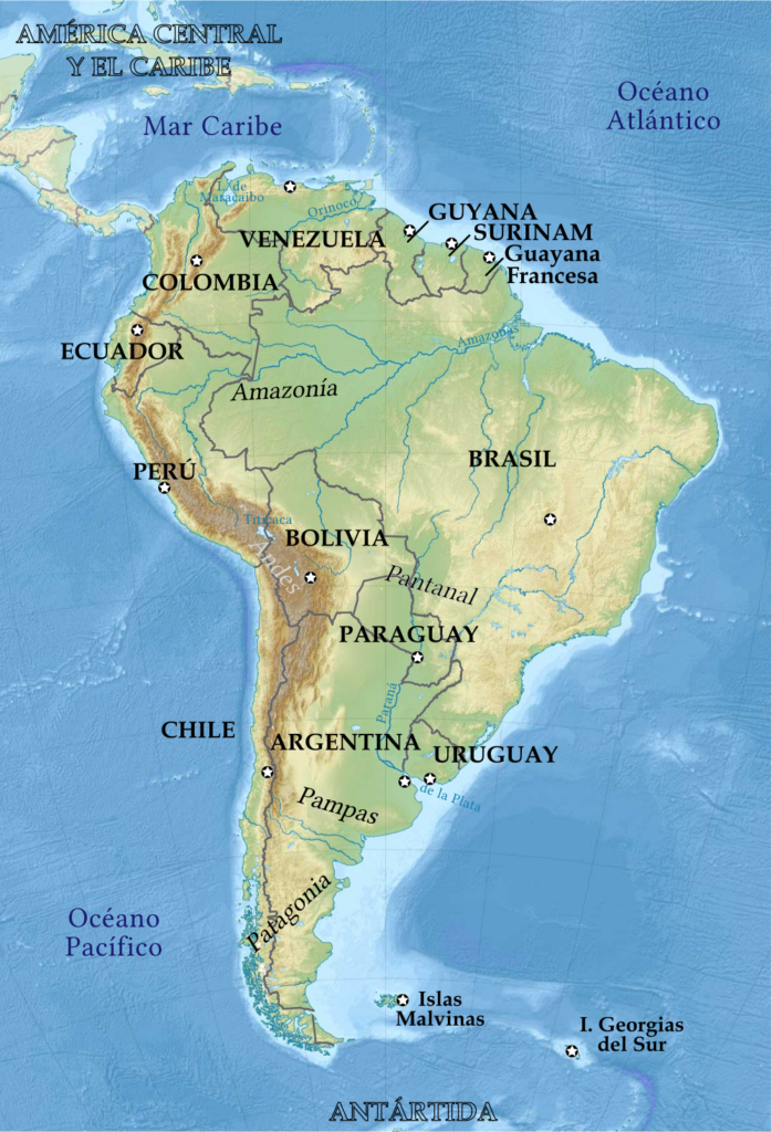 A map of South America with the countries labeled (clockwise from the top: Venezuela, Guyana, Suriname, Brazil, Uruguay, Argentina, Chile, Paraguay, Bolivia, Peru, Ecuador, Colombia).