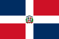 Flag of the Dominican republic: Squares of blue and red with a white cross and a crest in the middle