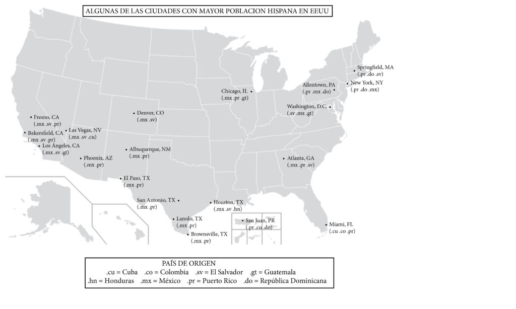 Map of the U.S. marking cities with large hispanic populations. Country of origin is indicated with url suffixes.
