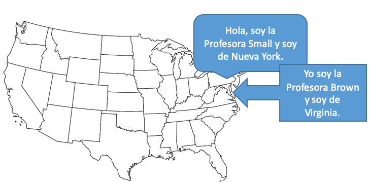 Map of the USA. Arrows point to New York and Virginia. Text boxes read: "Hola, soy la Profesora Small y soy de Nueva York." and "Yo soy la Profesora Brown y soy de Virginia."