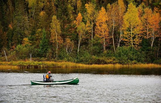 Man fishing on canoe in lake in autumn