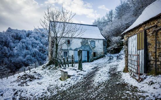 Snow covered farm in the Pyrenees
