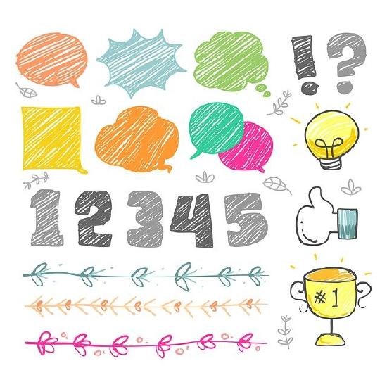 Colored dialogue bubbles, an exclamation point, a question mark and the numbers 1 through 5 all leading to a light bulb.