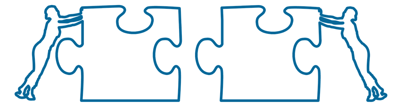Two puzzle pieces that can fit together with one person pushing each toward connection.