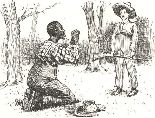 Illustration of Jim begging Huck for something