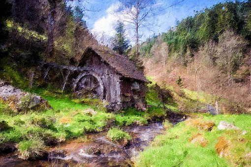 Imagen impresionista estilo pintura de un molino junto a un arroyo