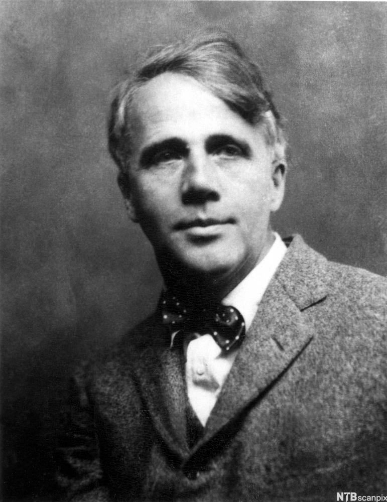 Photograph of Robert Frost. He is wearing a suit and looking past the camera.