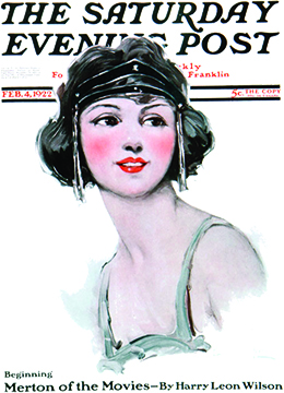 Una portada de The Saturday Evening Post, del 4 de febrero de 1922, presenta una ilustración de la cabeza y los hombros de una joven. Su cabello está corto en una sacudida, y lleva un elaborado tocado. Debajo de ella, el texto dice “Comenzando Merton de las Películas—Por Harry Leon Wilson”.