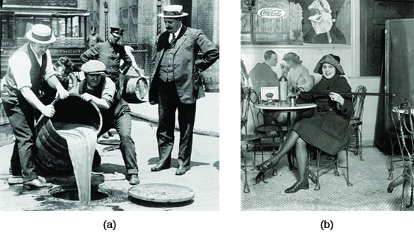 La fotografía (a) muestra a varios hombres vertiendo un gran barril de alcohol por una boca mientras un policía uniformado observa desde detrás de ellos. La fotografía (b) muestra a una joven sonriente sentada en un café, usando una petaca escondida en la punta de su bastón.