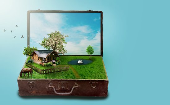 Suitcase popping open to reveal a garden with a cottage, horse, pond, and tree on blue background