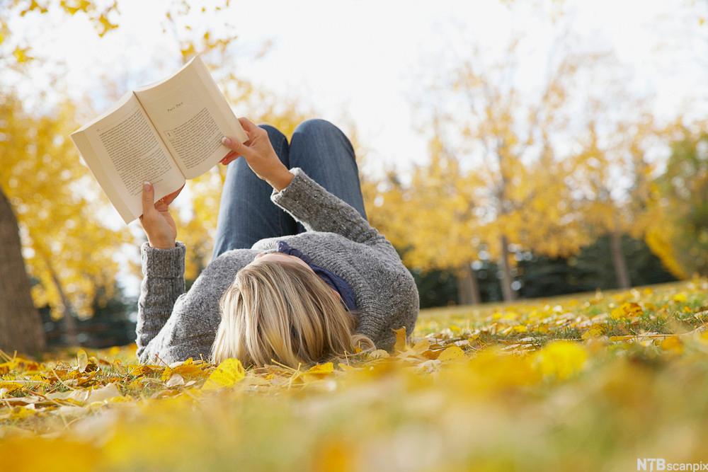 Woman laying down on a lawn reading a book.