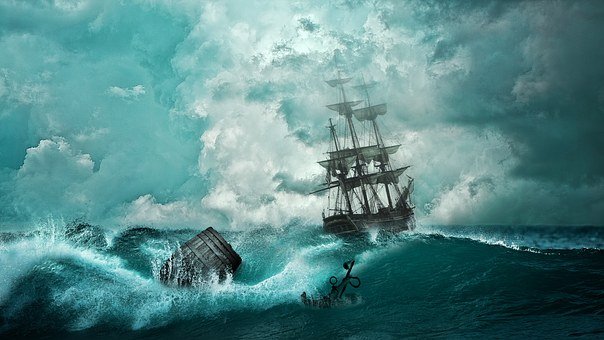 Ship and lost barrel at sea in storm 