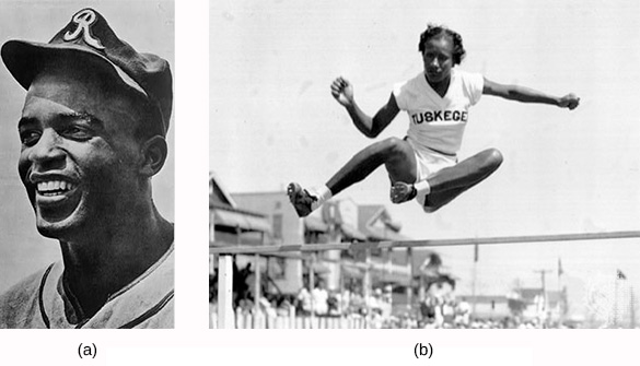 A fotografia (a) mostra Jackie Robinson posando com seu uniforme de beisebol. A fotografia (b) mostra Alice Coachman completando um salto em altura, vestindo uma camisa que diz “Tuskegee”.