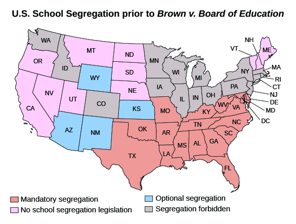 Um mapa intitulado “Segregação escolar dos EUA antes de Brown v. Board of Education” mostra os estados nos quais a segregação escolar era obrigatória; os estados nos quais a segregação escolar era opcional; os estados nos quais a segregação escolar era proibida; e os estados nos quais a legislação de segregação escolar não existia. Os estados com segregação escolar obrigatória incluíram Texas, Oklahoma, Missouri, Arkansas, Louisiana, Kentucky, Tennessee, Mississippi, Virgínia Ocidental, Alabama, Virgínia e Maryland (incluindo Washington, D.C.), Delaware, Carolina do Norte, Carolina do Sul, Geórgia e Flórida. Os estados com segregação escolar opcional incluíram Arizona, Wyoming, Novo México e Kansas. Os estados que proíbem a segregação escolar incluem Washington, Idaho, Colorado, Minnesota, Iowa, Wisconsin, Illinois, Michigan, Indiana, Ohio, Pensilvânia, Nova York, Massachusetts, Rhode Island, Connecticut e Nova Jersey. Os estados sem legislação de segregação escolar incluíram Oregon, Califórnia, Nevada, Utah, Montana, Dakota do Norte, Dakota do Sul, Nebraska, Maine, New Hampshire e Vermont.