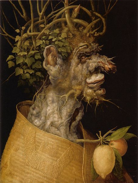 Portrait of an old man made from roots, leaves, and fruit
