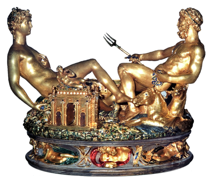 A salt cellar with two opposing figures intertwined as Earth and Ocean 