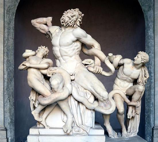 Laocoon and His Sons white marble statue with a snake wrapping around them. 