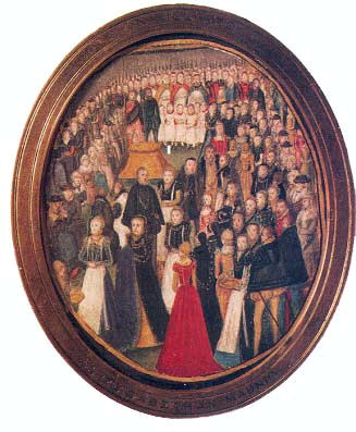 Elizabethan Maundy Teerlinc pintura en miniatura de una ceremonia religiosa