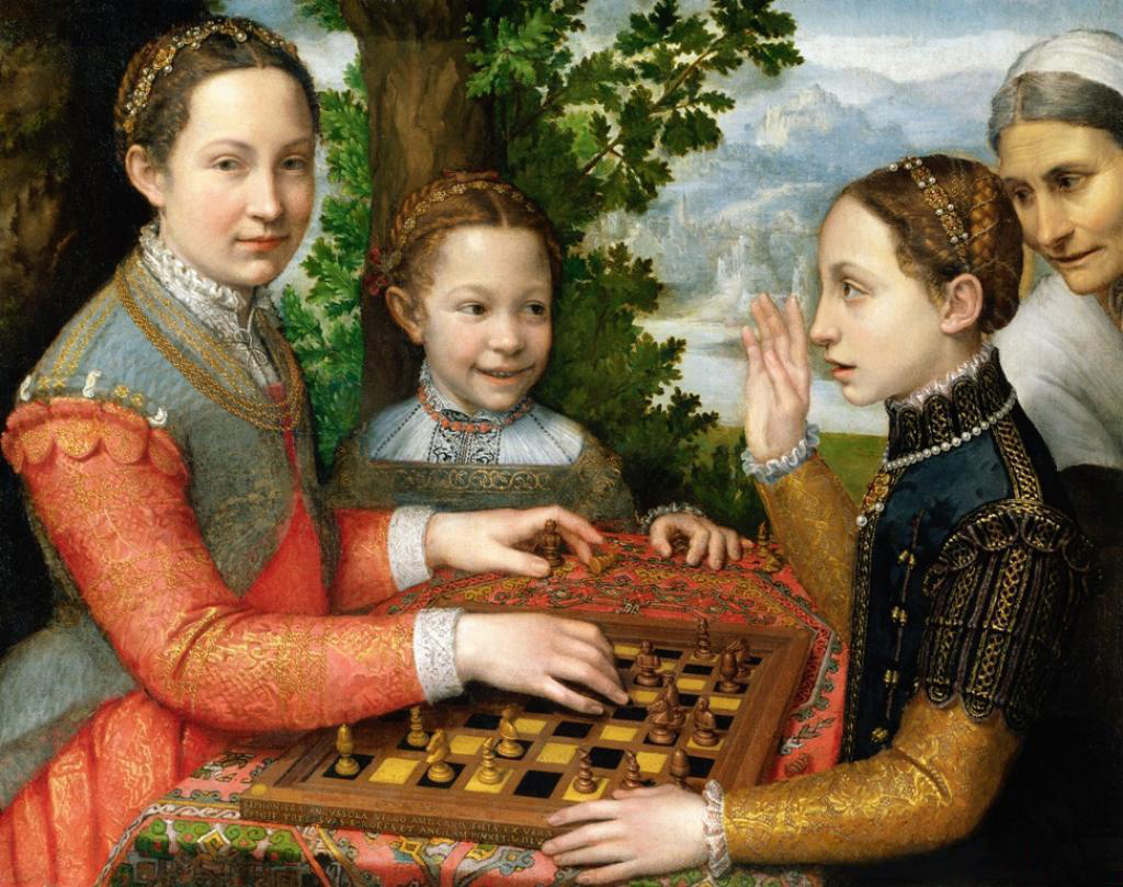 Three children sitting around a table outside playing chess