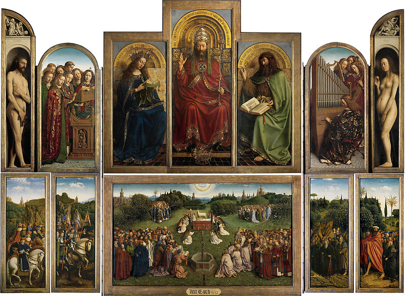 Ghent altarpiece open with 12 panels of religious scenes
