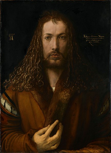 Self portrait of Albrecht Dürer painting against a dark background