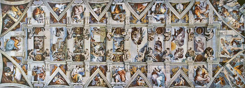 Sistine Chapel ceiling in Rome with a painting of different religious scenes