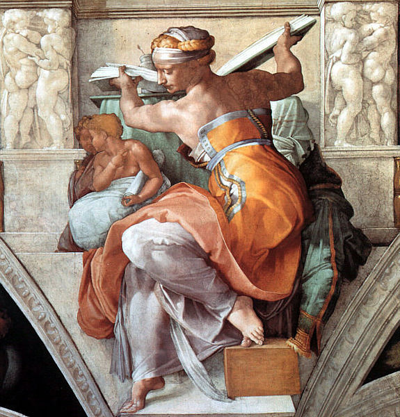 A closeup of one of the religious scenes on the ceiling of the Sistine Chapel