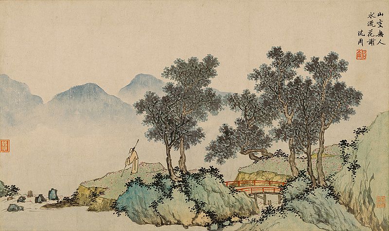Pintura de paisaje con árboles, un puente y arroyo