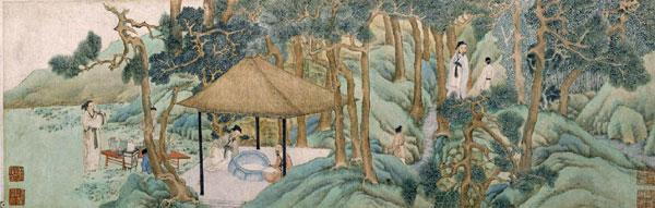 Mountain scene of people enjoying the out of doors at a tea ceremony