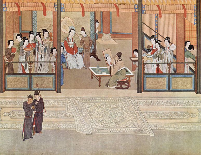 Mañana de primavera en la dinastía Han con gente alrededor de un artista pintando a una mujer