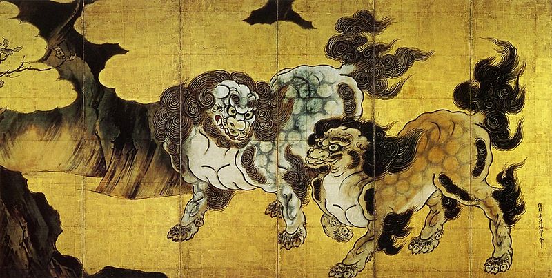 painted picture of two Chinese lions walking on land