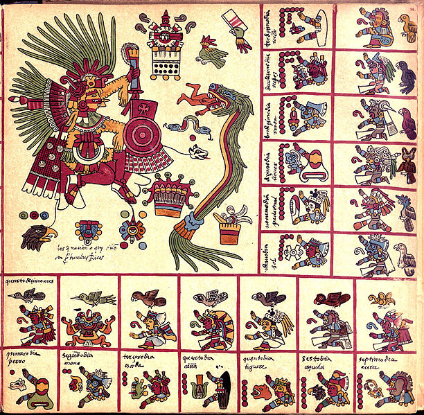 Códice con varias figuras aztecas en pintura colorida