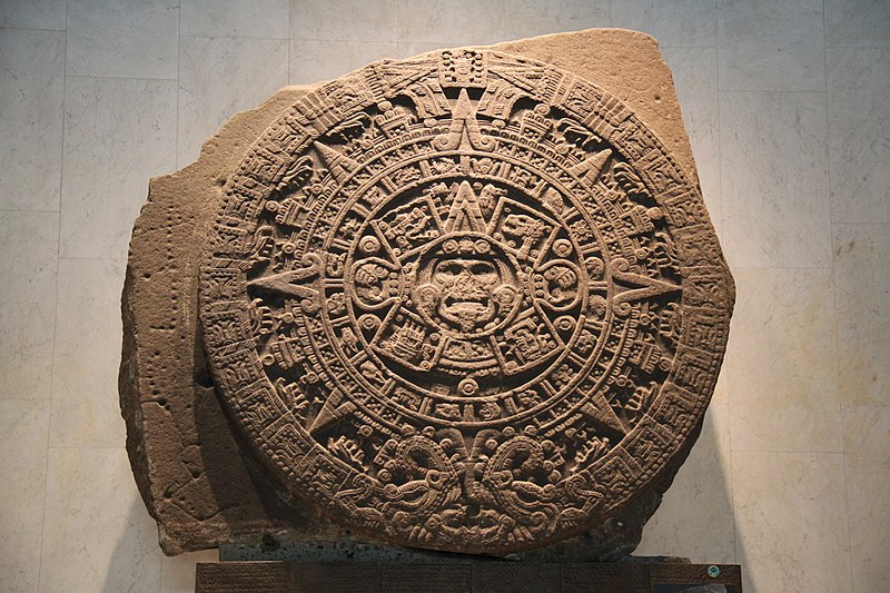 Aztec Sun Stone or Calendar Stone carved from stone