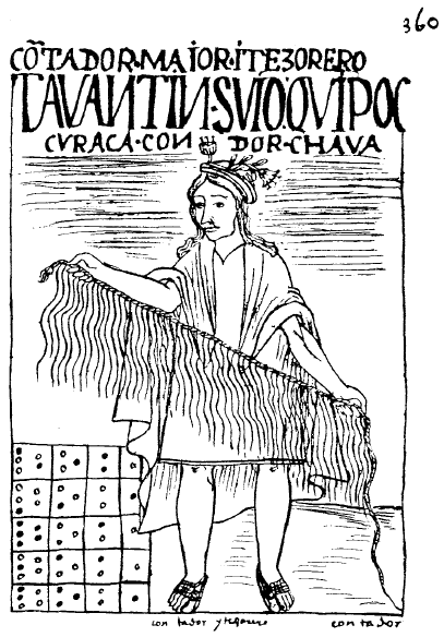 Black and white drawing of someone using the Quipu 