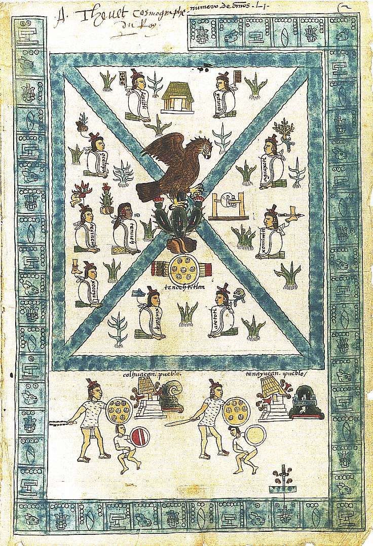 Codex Mendoza with an eagle perched on a pear cactus showing the world around them 
