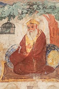 Pintura mural del siglo XIX de Gurdwara Baba Atal representando a Guru Nanak