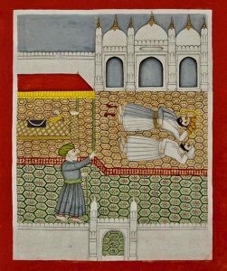 This painting shows Guru Nanak sleeping inside the main mosque in Mecca with his feet towards Kaaba. An upset Muslim cleric is asking him to turn his feet away from the symbol of God.