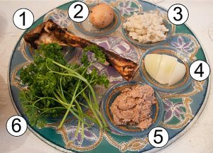 Plato de Pascua con elementos rituales que incluyen una caña de hueso, un huevo, rábano caballo, hierbas amargas, vegetales, agua salada y charoset