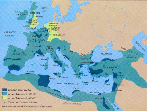 map of the growth of Christianity from early years through 800 CE